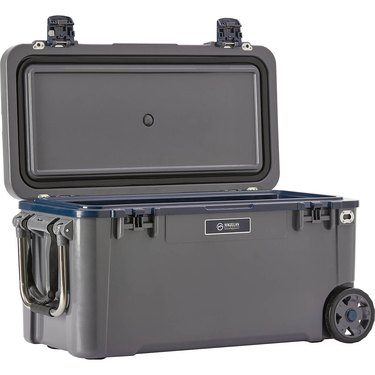Magellan 75-quart wheeled cooler shown with open lid against a white ground