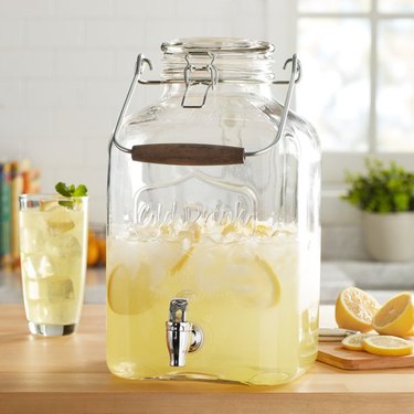 Estilo 1 Gallon Glass Mason Jar Double Drink Dispenser with Leak Free Spigot on Metal Stand Embossed Chalkboard and Chalk Clear