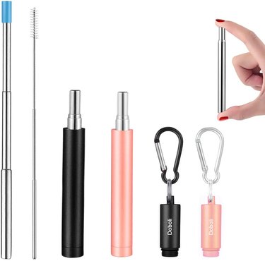 Collapsible reusable straw thast fits into a keychain that you can attach to a purse, backpack, etc. It also includes a cleaning tool.