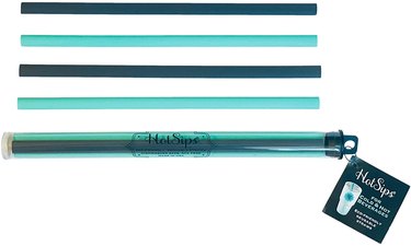 4 reusable straws for hot beverages in teal and charcoal colors.