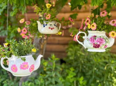 Finished hanging teapot planters