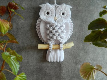 Finished macrame owl hanging pictured against a concret background. The owl looks like it's perched on the driftwood and its belly has a lot of nubby texture.