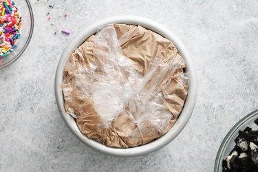 Chocolate ice cream in cake pan for mini ice cream cake