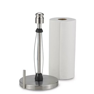 Freestanding paper towel holder with mechanisms that makes it possible to tear paper towel with one hand.