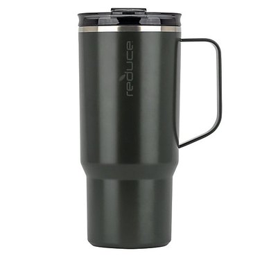 Black insulated travel mug made of stainless steel.
