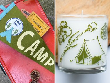 Collage featuring a green camp pennant and a candle with green tent and s'more stick decals