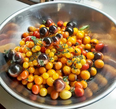 Variety of colorful cherry tomatoes in a bowl.