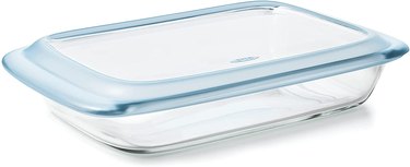 Oxo glass baking dish with plastic lid, shown on a white ground