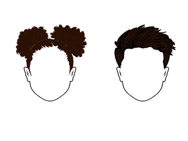 Strands of hair added to the curly style and straight style of two outlined heads