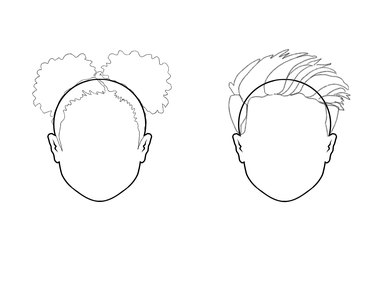 Outline of two heads with the outline of their hairstyles: curly buns on the left and a straight style on the right