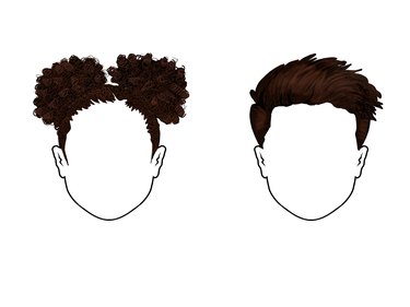 Strands of hair added to curly and straight styles of two outlined heads