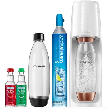 SodaStream Sparkling Water Maker (Rose Gold) Bundle with CO2, 2 BPA free Bottles and 2 Bubly Drops