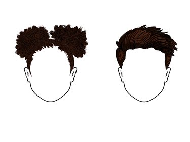 More strands of hair added to curly and straight styles on two outlined heads