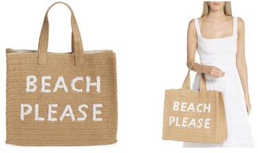 Straw beach tote that says "BEACH PLEASE" in all caps, white lettering. Next to it is an anonymous woman holding the same bag on her arm.
