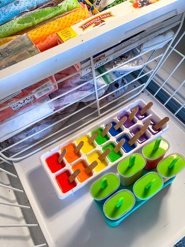 ice cube tray and ice pop mold inside freezer