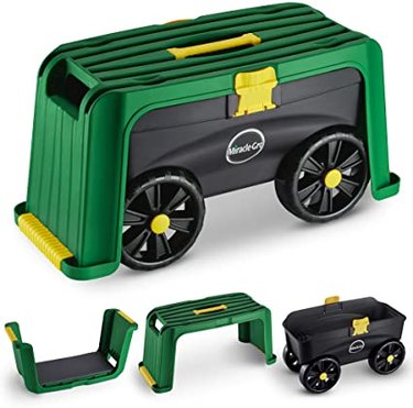 Miracle-Gro 4-in-1 Garden Seat including a kneeler, storage space and wheels so it rolls.