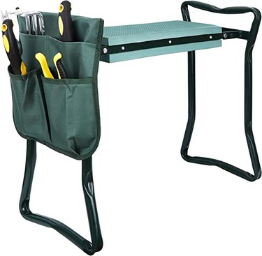 LEMY foldable garden stool and foam padded kneeler with tool bags.