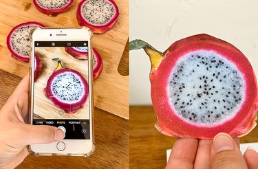 The artist using her phone to take a photo of dragon fruit slices on a cutting board; next to a second image of the artist holding up a printout of a dragon fruit slice