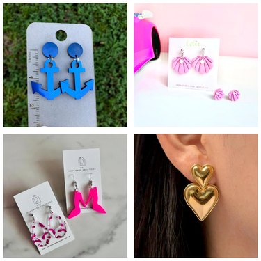 Four-photo collage of Barbie earrings