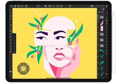 Affinity Designer Version 2 screen with a collage of a face on a yellow background and flower details