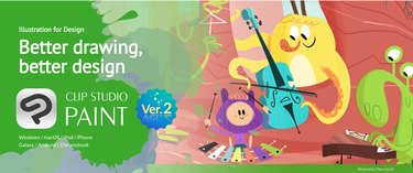 Clip Studio Paint illustrated banner, with yellow, green and purple characters playing music