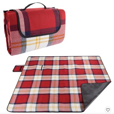 Leisure Sports Waterproof Oversized Outdoor Blanket in red plaid, pictured flat and in carrying format.