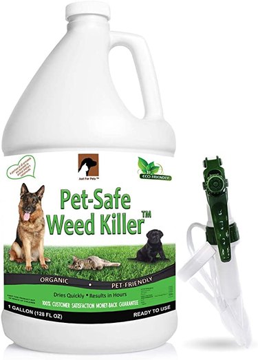 Just For Pets organic herbicide is safe for pets and kids and comes with an attached sprayer.