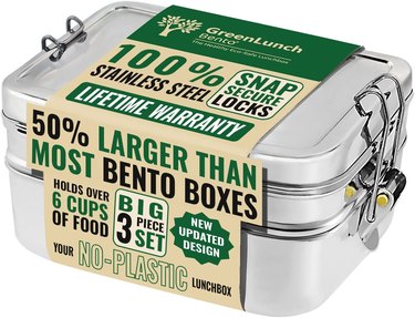 3-in-1 stainless steel bento box. The packaging claims that it's 50% larger than most bento boxes and holds over 6 cups of food.