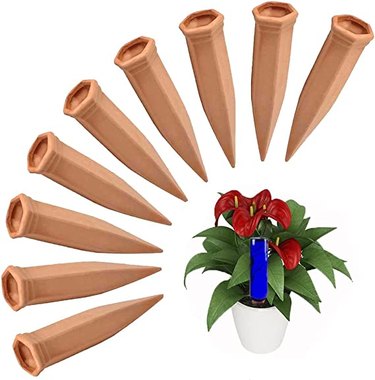 FAMILy 10pk of terra cotta watering stakes keep plants watered for at least a week.
