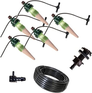 Blumet Tropf watering system kit come with five stakes, working in potted plants and in the garden and can hook up to the hose.