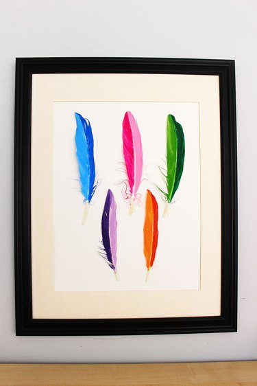 painted feathers framed as artwork