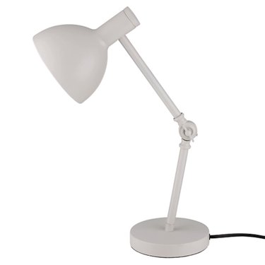 Light gray table desk lamp with directional hinge, metal tapered shade, and a 5 foot cord.