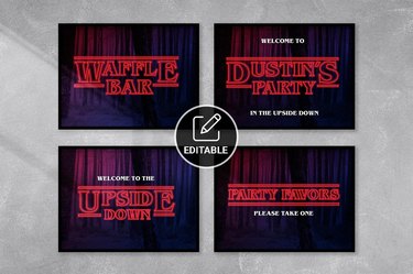 Four party signs in Stranger Things font