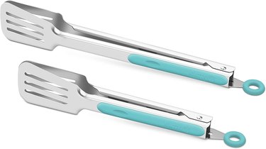 Two pairs of Allwin barbecue tongs with spatula-style ends, depicted on a white ground, with handles in a cheerful blue the company describes as "Aqua Sky"
