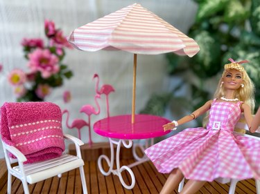 Barbie patio set with homemade sun umbrella