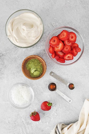 Ingredients for matcha strawberry yogurt bark