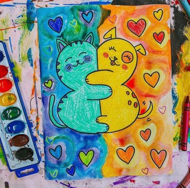 Painting featuring a blue cat hugging an orange and yellow dog