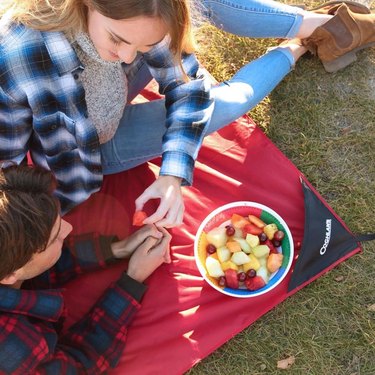 Mom and son having a picnic on a Coghlan's Picnic Blanket in Red.