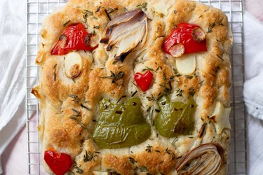 "Frog and mushroom" focaccia on a wire rack