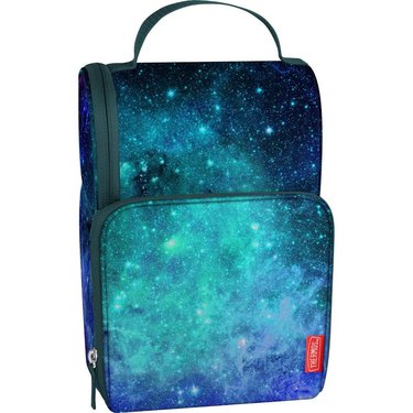 Galaxy-themed dual compartment, blue and black lunch box against a white background.