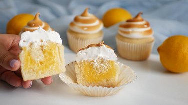 cross-section of lemon meringue cupcake