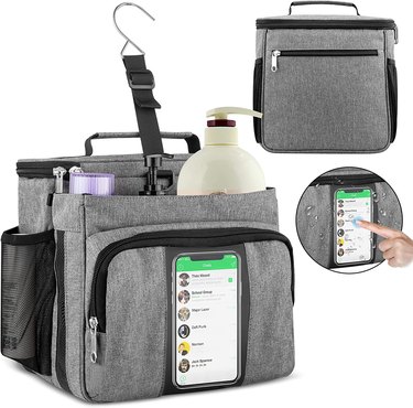 Gray shower caddy bag with hook, phone, and shampoo