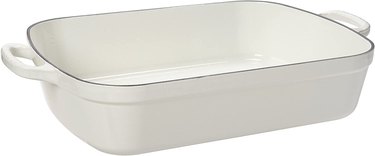 Le Creuset rectangular roaster, shown in the white-colored version, against a white ground