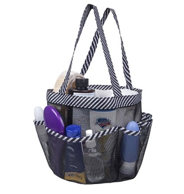 Mesh shower tote with a blue and white striped trim. It had two long handles, a big center pocket, and a bunch of smaller exterior pockets.