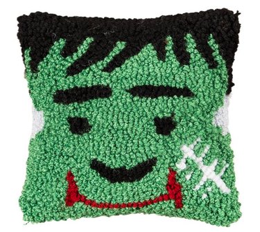 Frankenstein Petite Hooked Halloween Throw Pillow from Target. It's small and heavily textured and the design is Frankenstein's face.