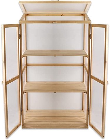 BIGTREE cold frame allows extra space with three slatted wood shelves.