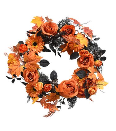 Orange and Black Halloween Wreath With Faux Roses, Gerberas, Daisies and Berry Stems.