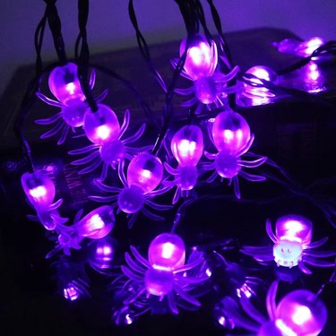 Spider Battery String Lighting from Wayfair. The spiders are purple and hang from a black cord.
