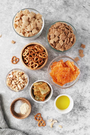 Ingredients for no-bake Chex mix with homemade Cheez-Its