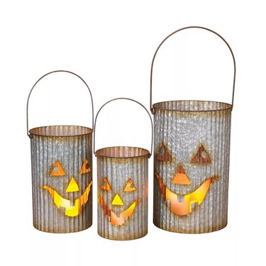 Nesting Galvanized Corrugated Metal Pumpkin Face Luminaries 3-Piece Set.